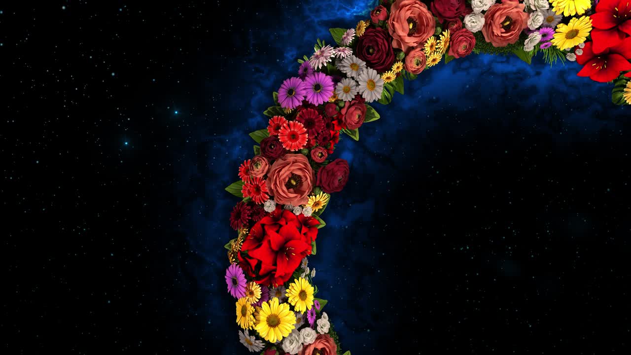 анимация вращающегося кольца цветов на звездном небе. видео цикл