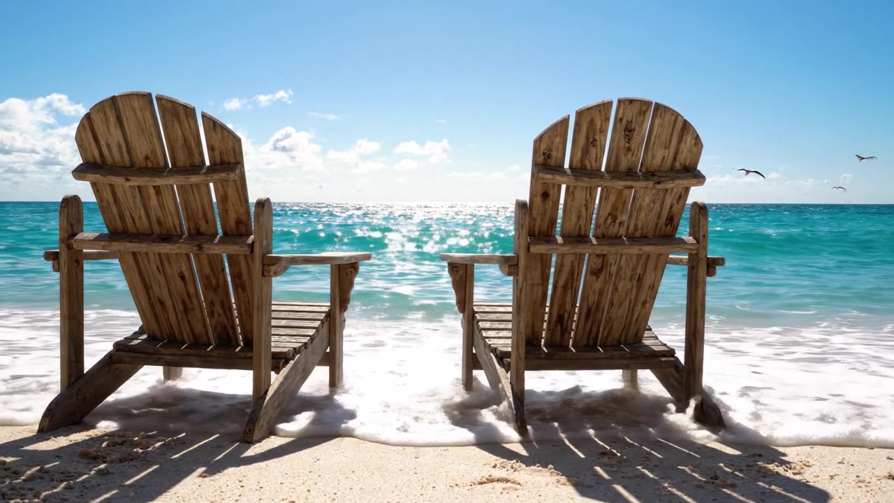Eine ruhige Strandszene mit zwei Holzstühlen mit Blick auf einen friedlichen Ozean, die die Essenz von Entspannung und Genuss am Ufer einfängt.