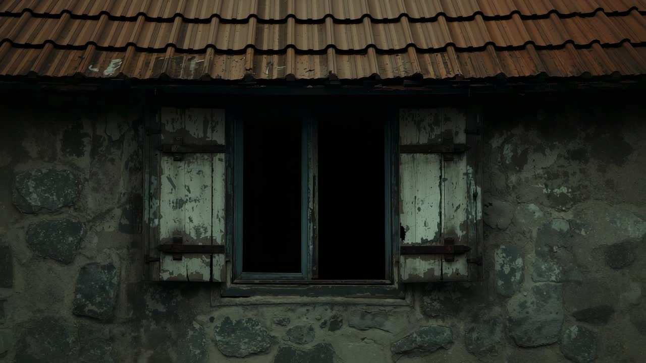Capturing stone facade at rural building with tiled roof, central window and peeling shutters ajar