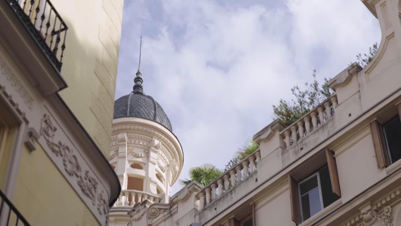 Beautiful zoom shot of a central area of   Madrid with the dome of a church in daylight on a summer morning.