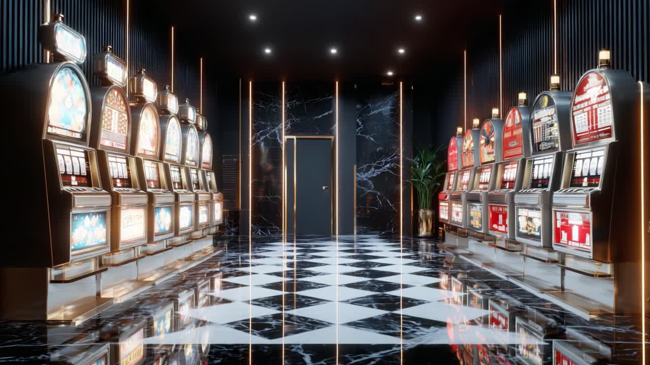 A Luxurious and Elegant Slot Machine Hallway Featuring Glittering Slot Machines and a Stylish Black and White Checkered Floor