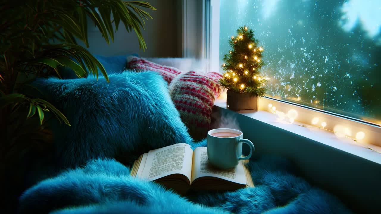 A Cozy Reading Nook Awaits with a Warm Drink, Soft Blankets, and Festive Lights, Perfect for Enjoying a Tranquil Moment in the Comfort of Home During a Rainy Day or Winter Evening