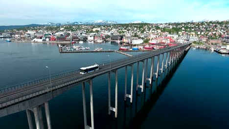 bridge of city tromso, norway aerial footage