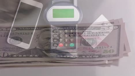 animation of american dollar banknotes and payment terminal