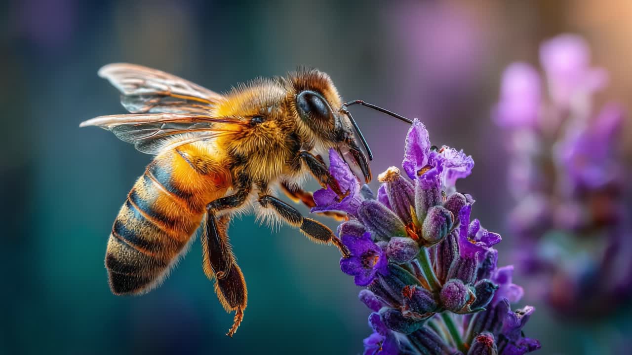 A Close-Up Encounter with a Honey Bee Pollinating Lavender Flowers, Showcasing Nature's Intricate Details and Colorful Beauty in a Serene Garden Setting