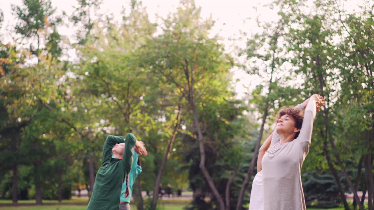 공원 에서 야외 에서 요가 를 연습 하는 여자 들