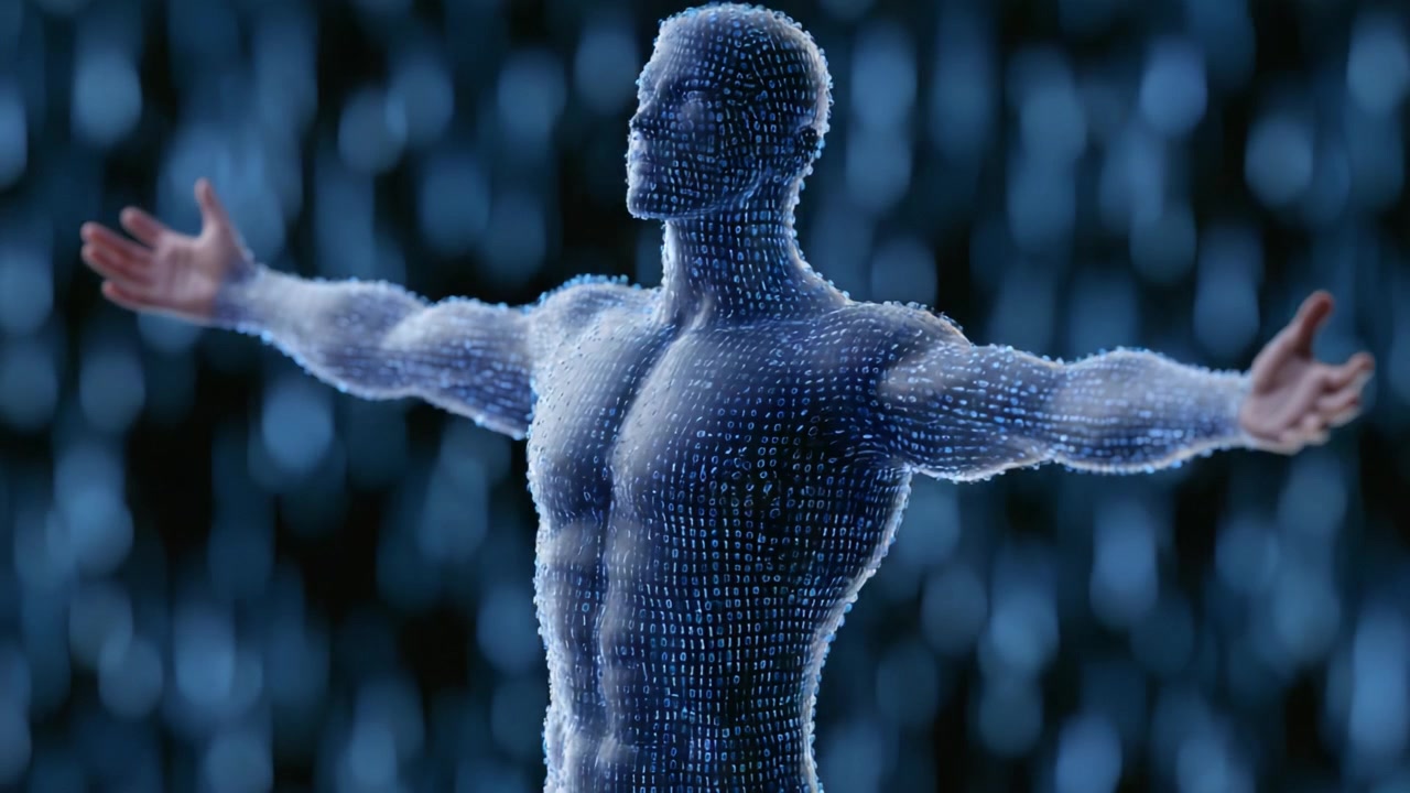 A Visually Striking Representation of a Digital Human Figure with Open Arms Surrounded by a Dynamic Background of Dots and Patterns Signifying Depth and Connectivity