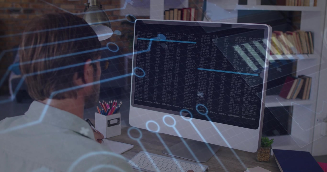 After code display engineer observing screen while circuit lines sliding across code for analysis