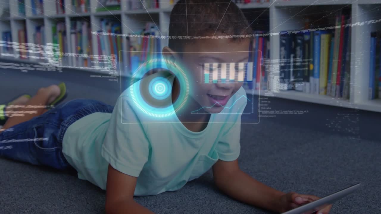 Boy propping on elbows scanning tablet and generating data charts code waveforms for education