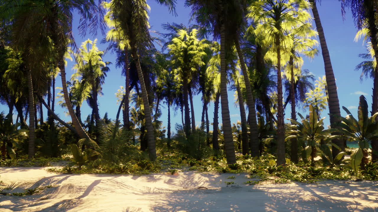 열대 천국:  모래 해변 에 있는  나무 들