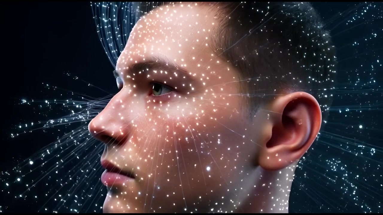 Intelligenza Artificiale che scansiona un volto umano con particelle luminose