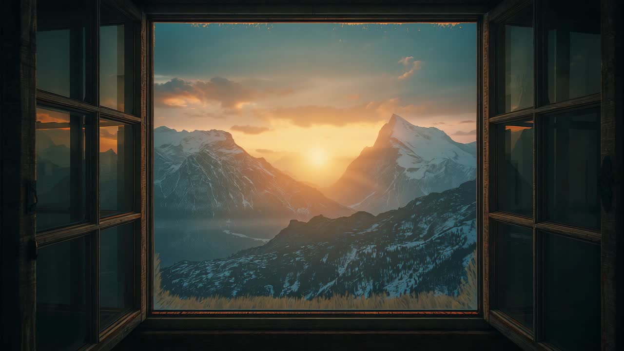 Rising sun emerging through snow-capped peaks into cabin window, casting glow on lake and grasses