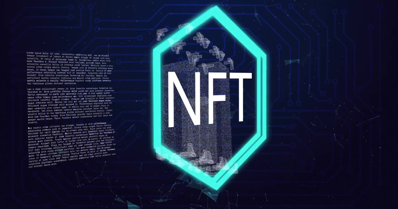 Starting bright teal line tracing path then rotating block pulsing hexagon visualizing NFT concept
