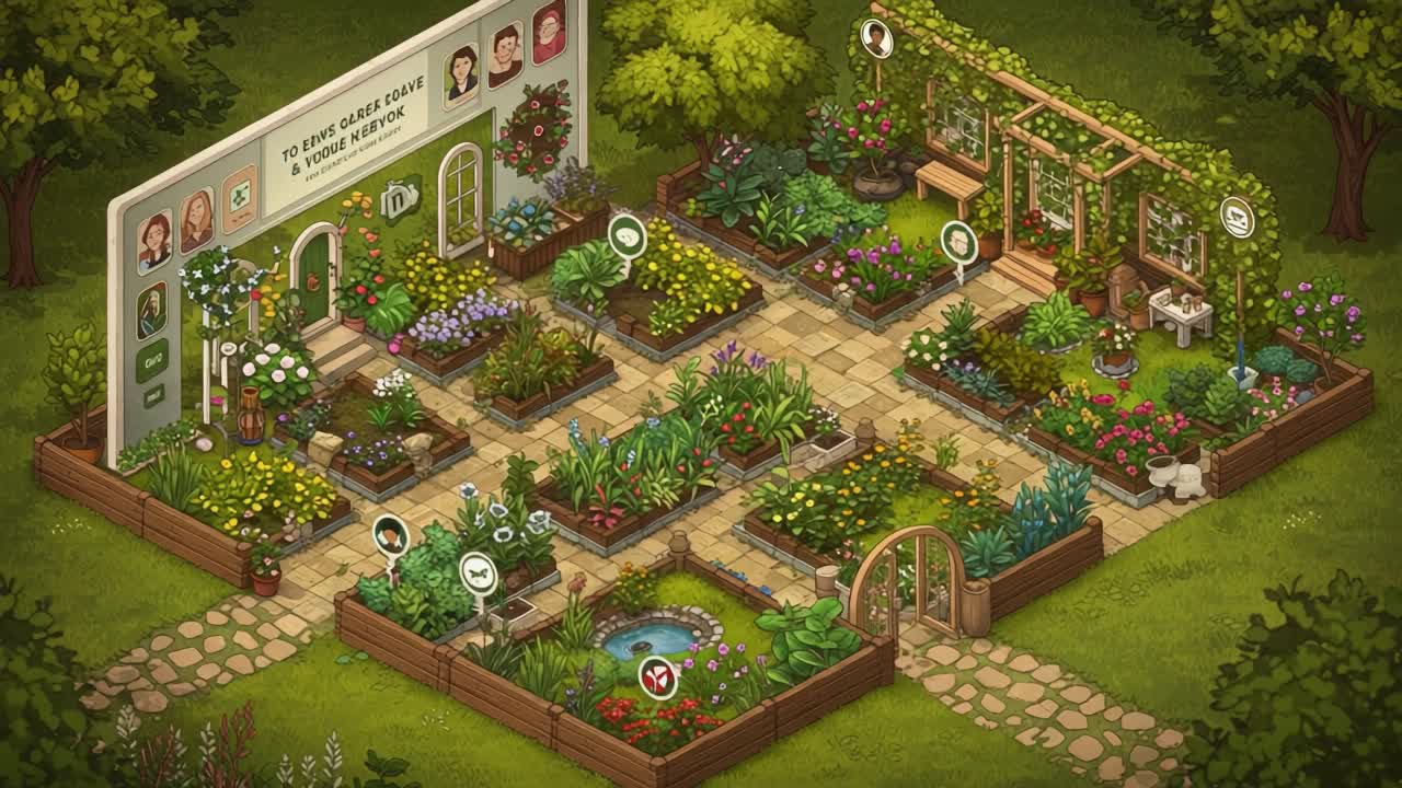 A Lush Garden Oasis: Exploring a Vibrant and Flourishing Community Garden Full of Colorful Flowers, Paths, and Unique Plants in Every Corner