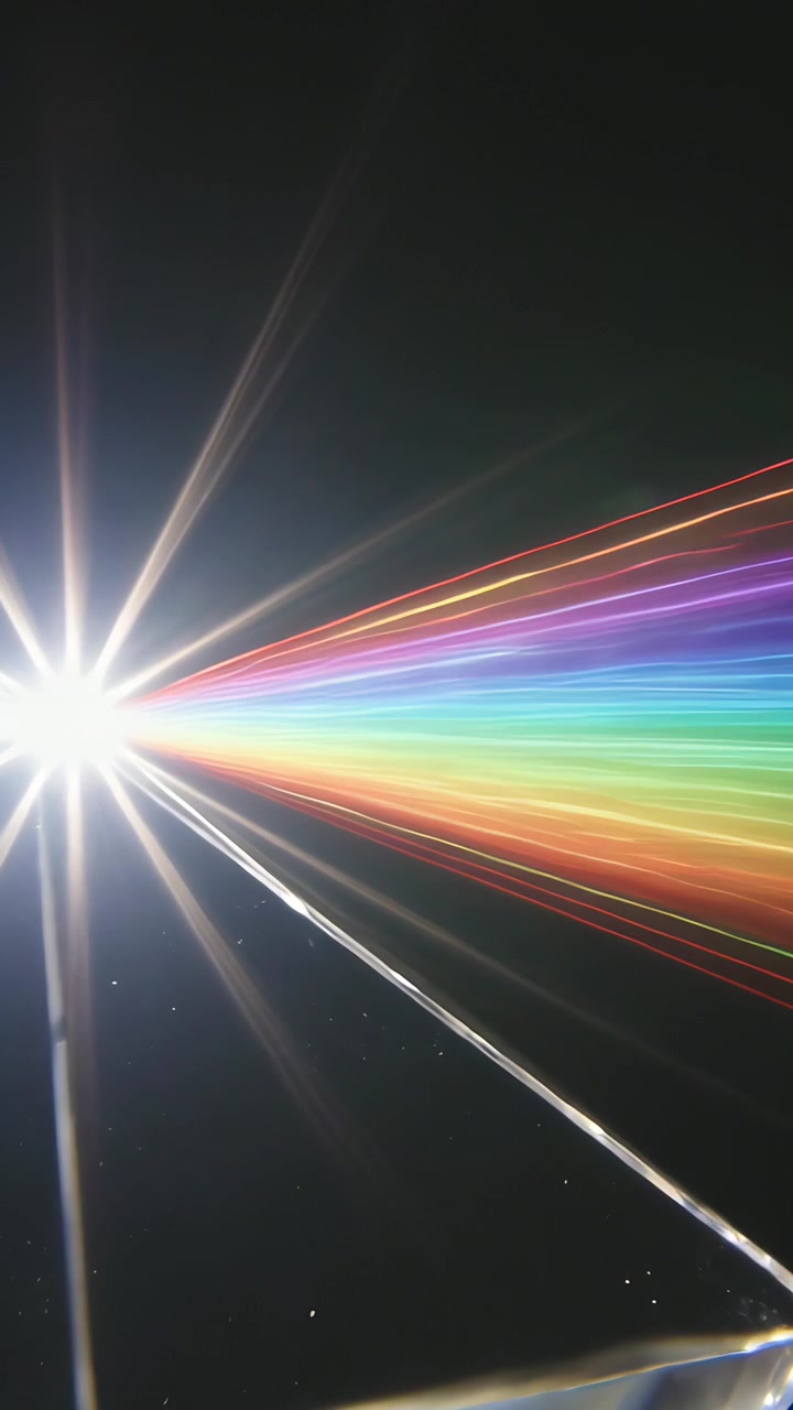 Vertical video: Sending white flare, light dispersing rainbow rays in dark, prism guiding beams
