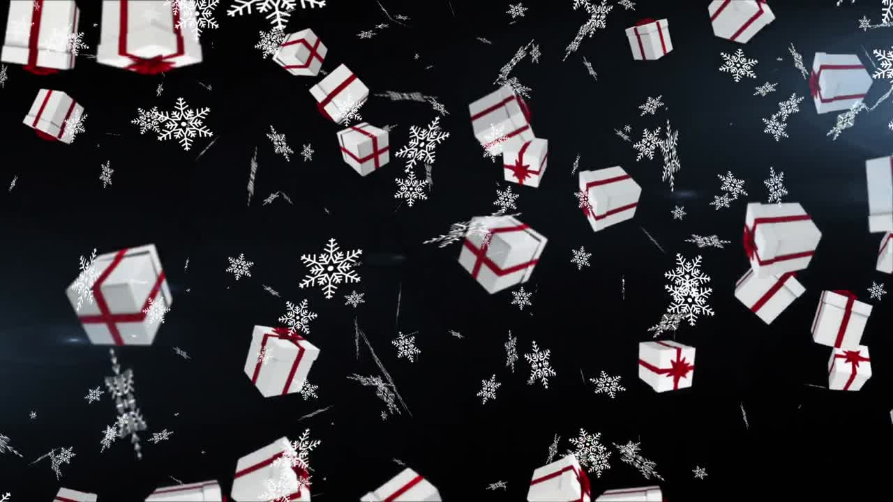 Snowflakes and multiple christmas gift icons falling against black background