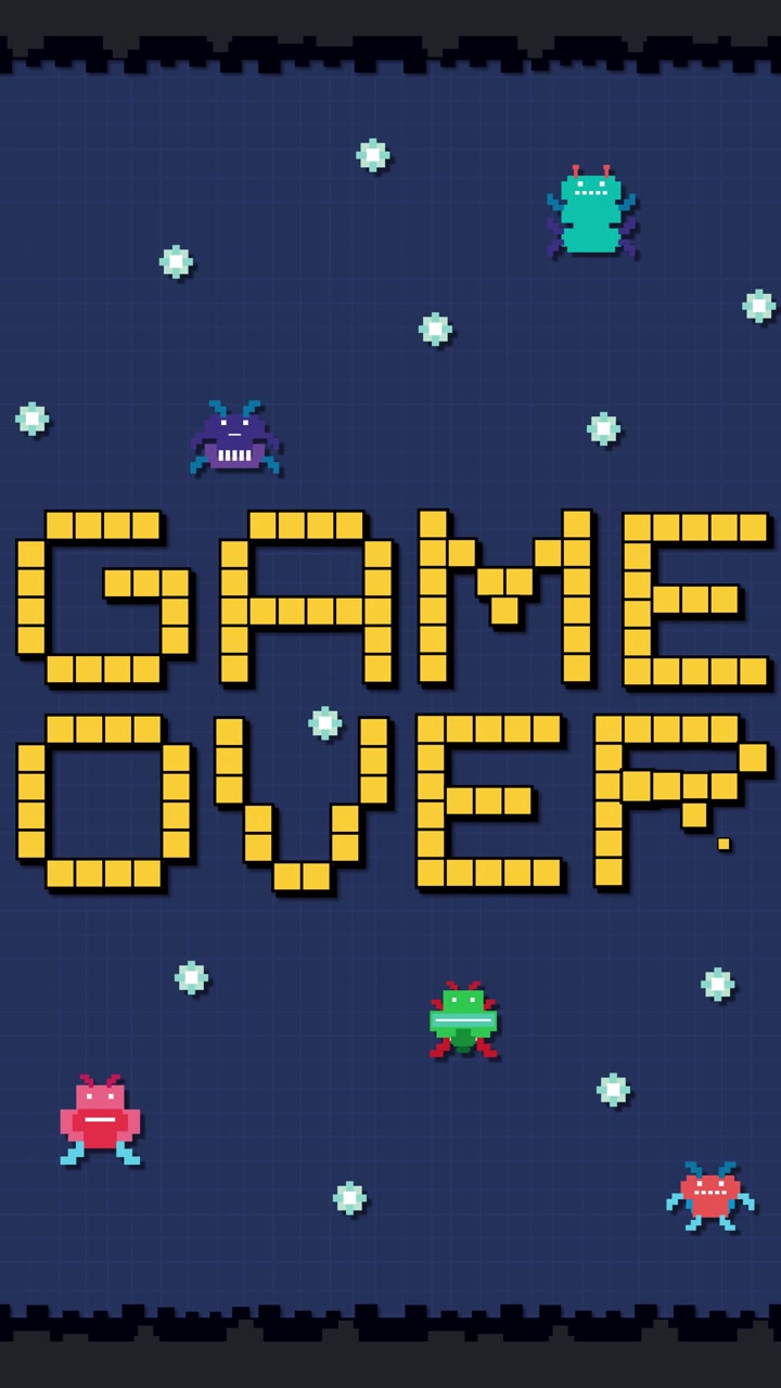 Vertical pixel art animation types out Game Over text amidst floating stars and colorful aliens