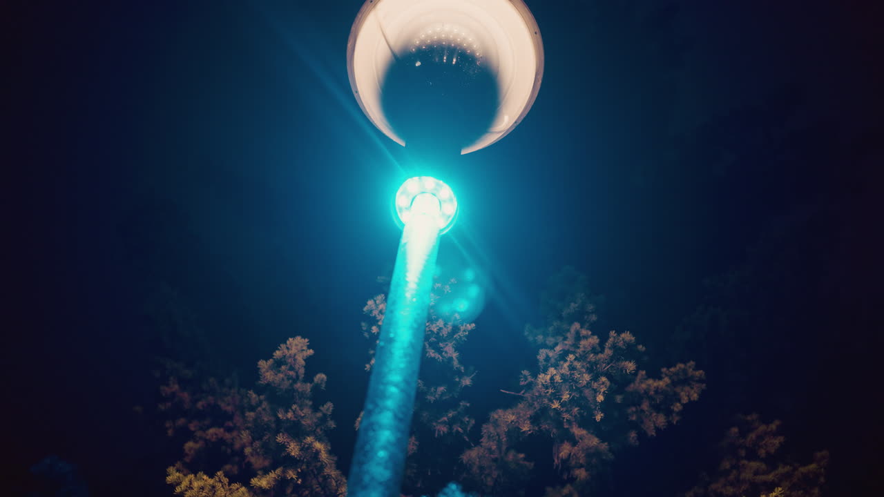 밤에 밝게 조명된 거리 조명의 클로즈업 뷰, 배경에 나무의 실루과 함께 파란 빛을 던집니다.