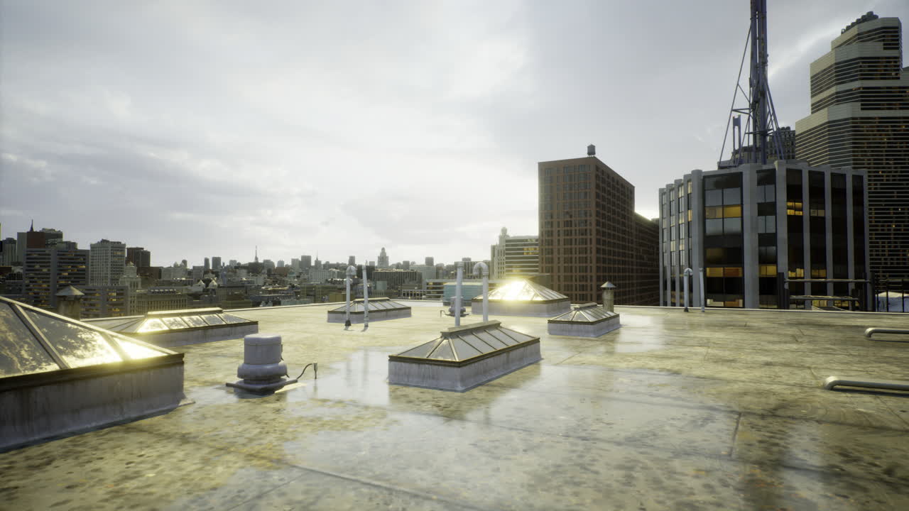 Downtown rooftop view with city skyline and reflective surfaces at dusk