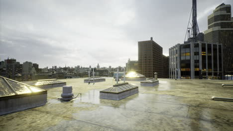 downtown rooftop view with city skyline and reflective surfaces at dusk