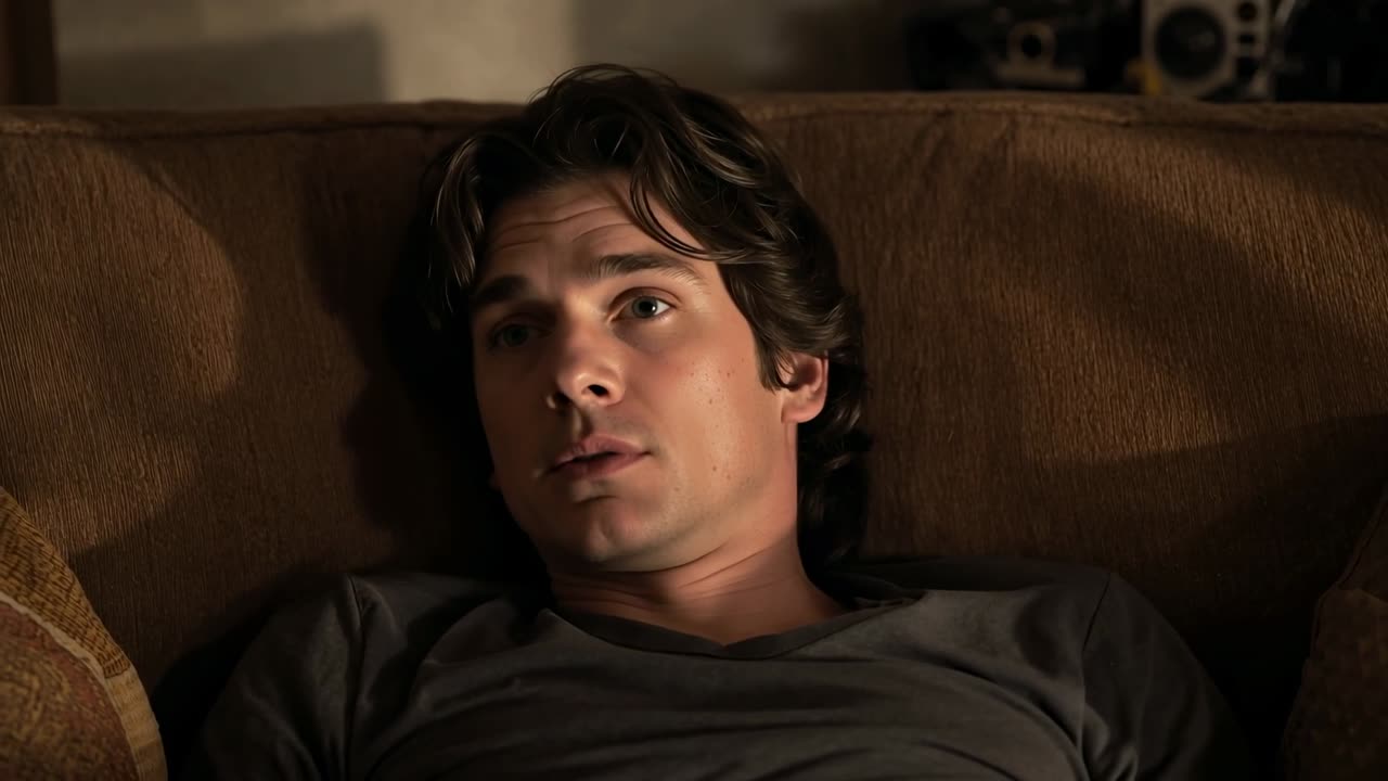 Stirring man in grey tee turning head opening eyes on couch patterned cushion and hearing boombox