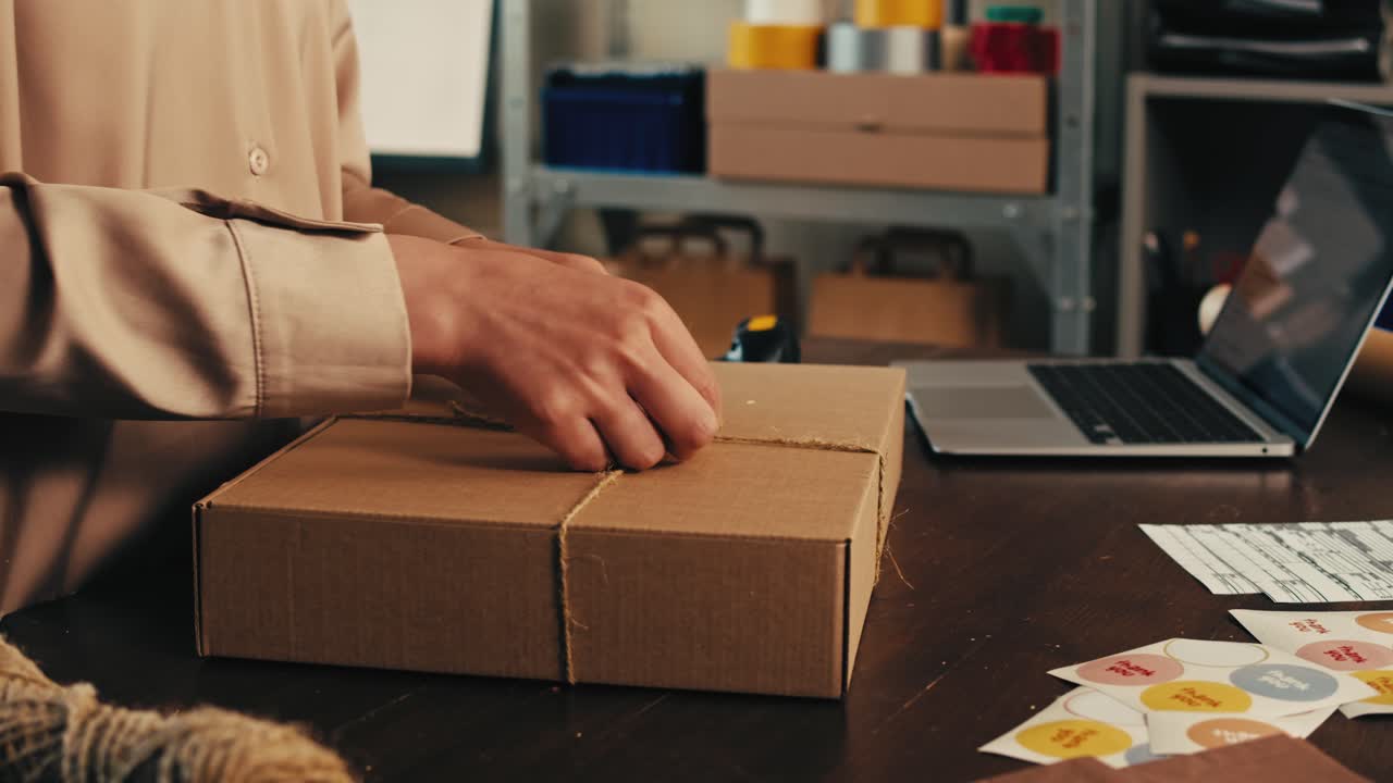 E-commerce storage shop, woman packing goods and clothes for second hand delivery market, dedicated Packaging and Shipping Workspace with Supplies and Technology for efficiency, online sales.