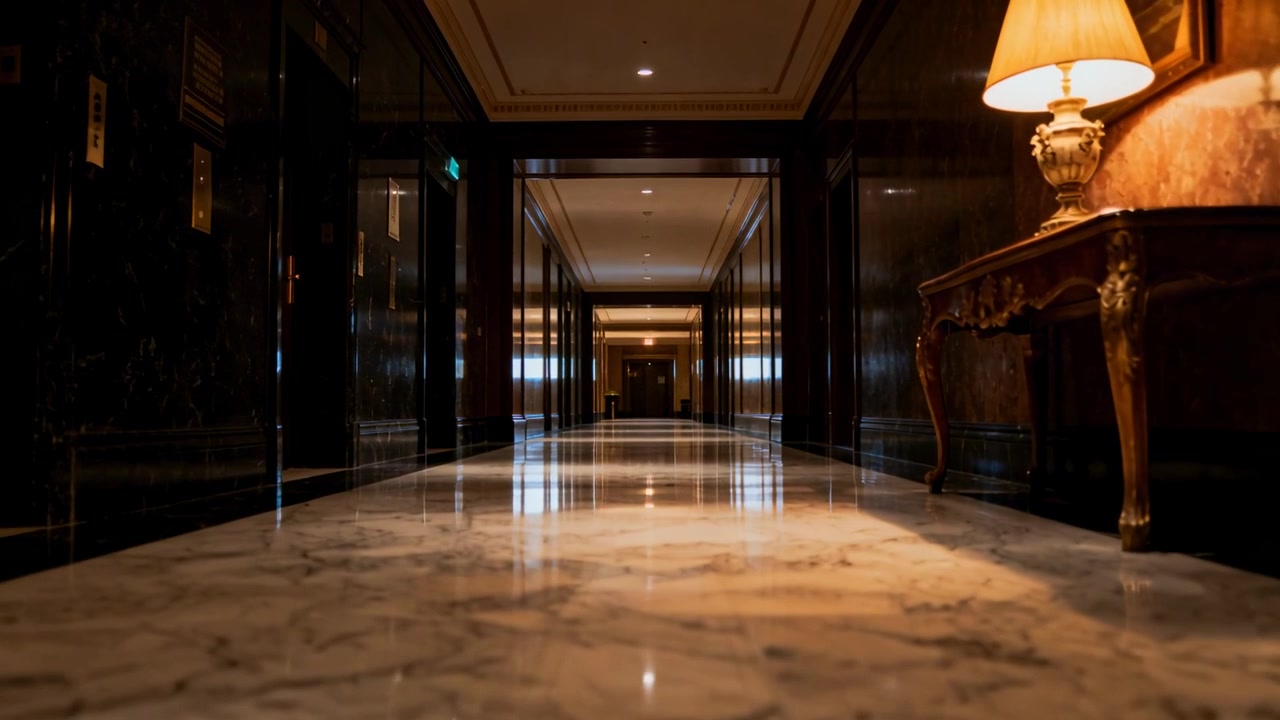 Una telecamera bassa si muove lungo un corridoio di marmo in un hotel, mostrando porte lontane e i riflessi delle lampade della console.