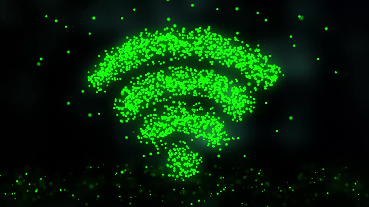 animación de la red de plexo desde el símbolo wifi en un fondo colorido con el flujo de partículas de plexos. signo wi-fi. bucle sin costuras