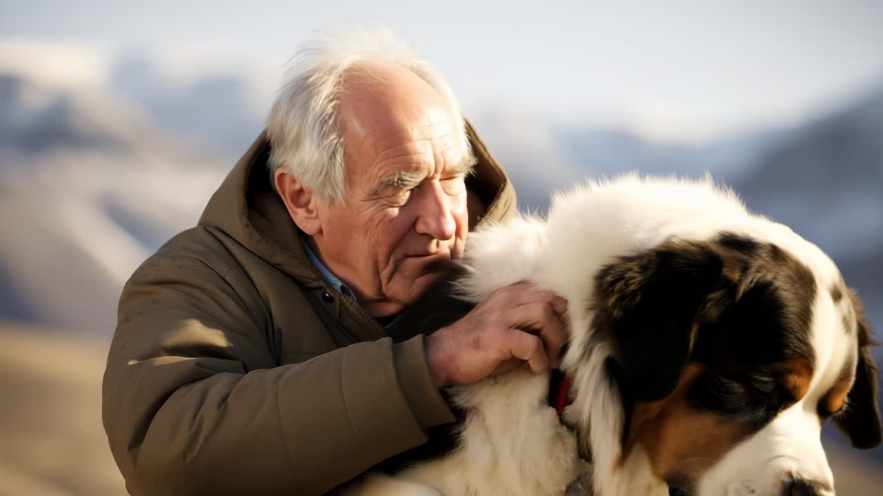 Senior man and his St. Bernard dog in the mountains