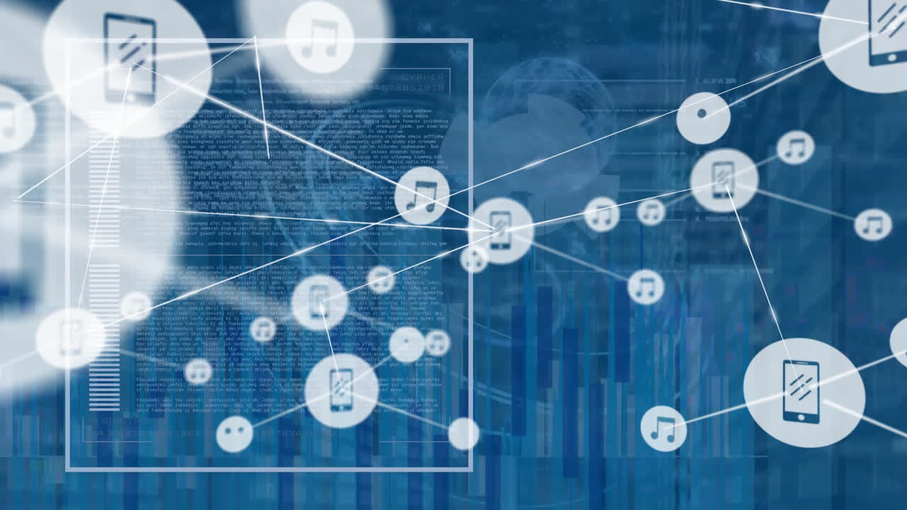 animación de la red de conexiones y procesamiento de datos sobre un fondo oscuro