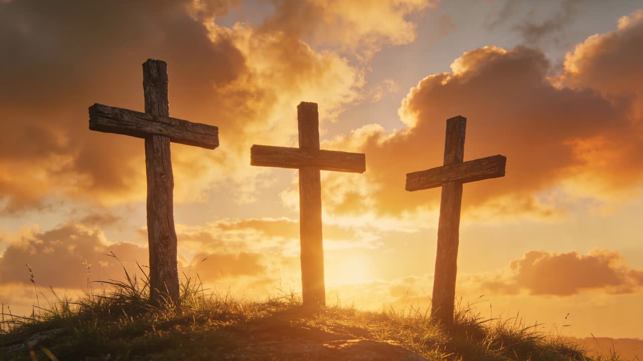 Tre croci di legno proiettano sagome spirituali su una collina erbosa, con il sole che si muove dietro la croce centrale.