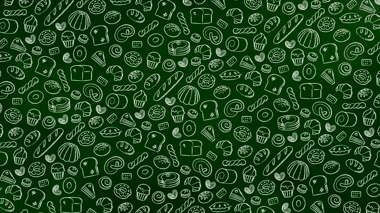 panadería en movimiento patrón giratorio fondo dibujos animados con tiza a mano dibujo contorno ilustración de trazo aislado en tablero verde fondo animación de bucle sin costuras 4k