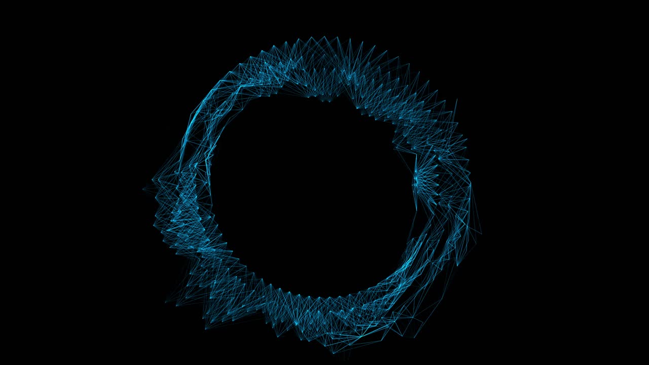 A complex ring of blue plexus lines and dots forms and undulates on black background, abstract concept for data network or technology