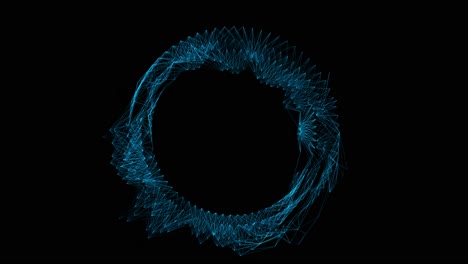 a complex ring of blue plexus lines and dots forms and undulates on black background, abstract concept for data network or technology