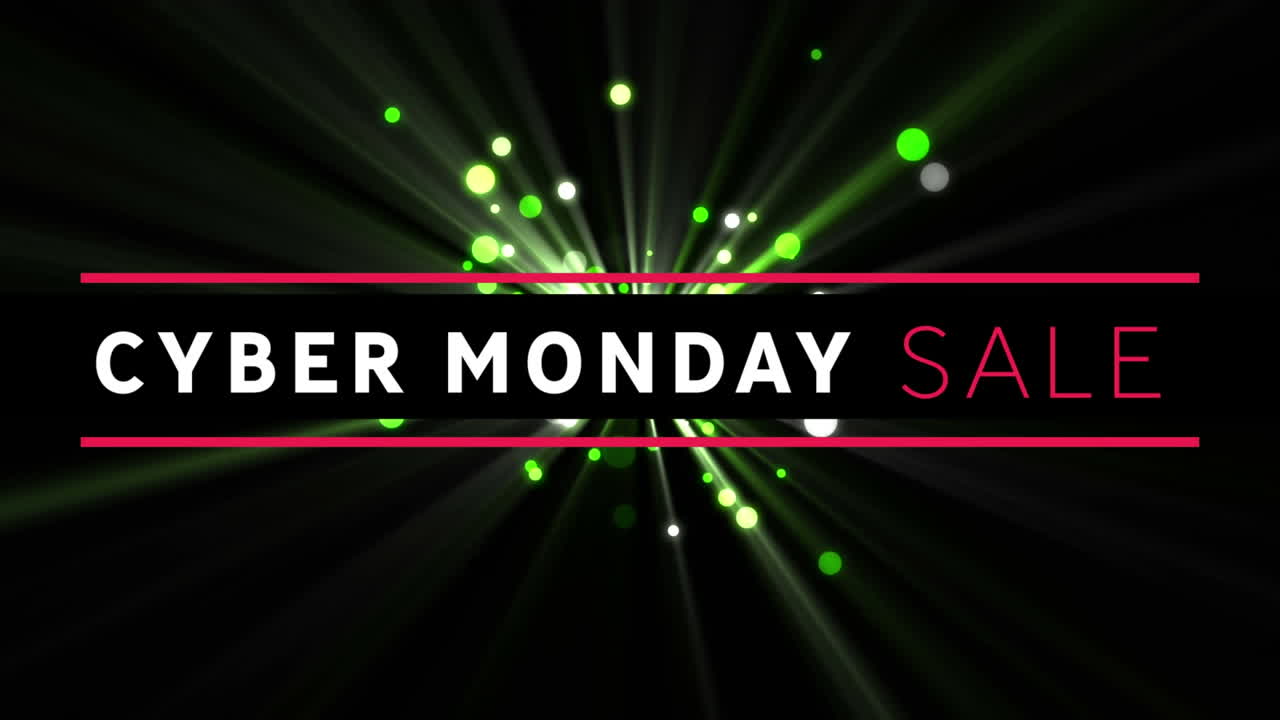 Digital animation of cyber monday sale text banner against green spots of light on black background