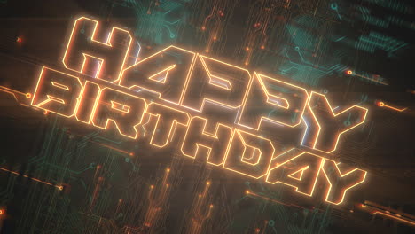 feliz cumpleaños con placa base de neón y matriz de computadora