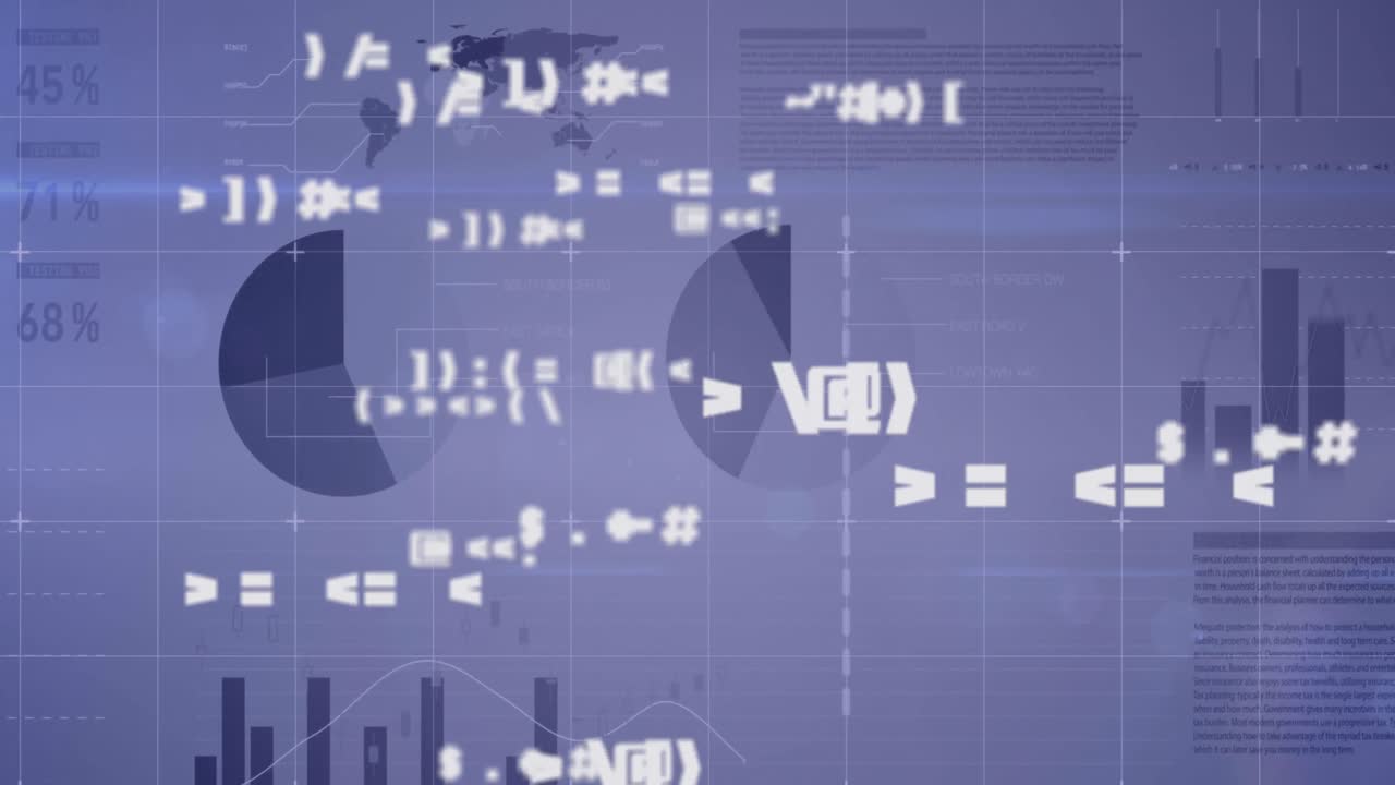 기호가 바뀌는 디지털 인터페이스의 애니메이션, 금융 데이터 처리 및 통계