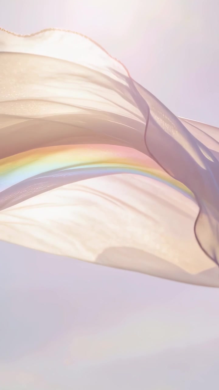 Vertical video: Drifting sheer fabric catching sunlight and forming rainbow band across pastel sky