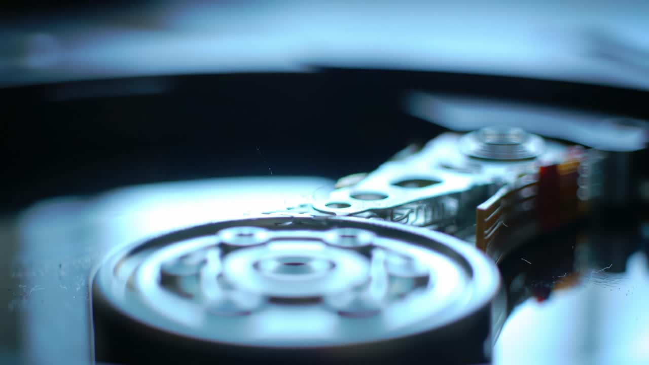 Close-Up Examination of a Hard Drive Mechanism Highlighting Precision Components and the Intricate Design of Data Retrieval Technology