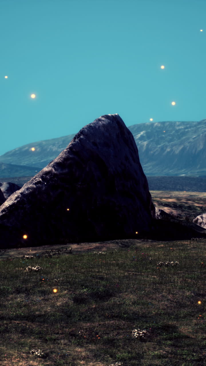 신비로운 빛나는 바위들이 조용한 밤의 풍경 속에