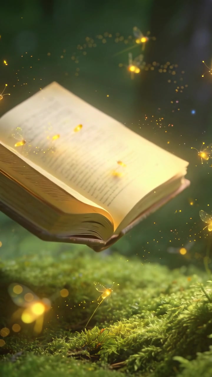 Video verticale: Libro rilegato aperto che fluttua e ruota sopra una radura muschiosa, con lucciole luminose