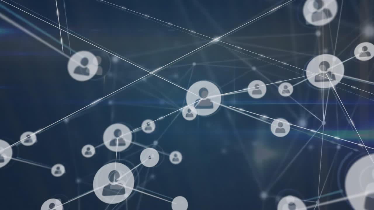 Animation of network of connections with people icons over data processing
