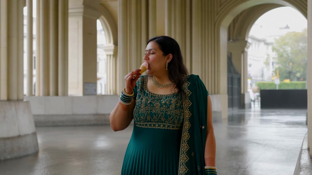 Una donna gusta un cono gelato rosa sotto alte colonne color crema e archi arrotondati, portandolo alla bocca prima di abbassarlo con un sorriso alla luce soffusa del giorno e in un ambiente spazioso