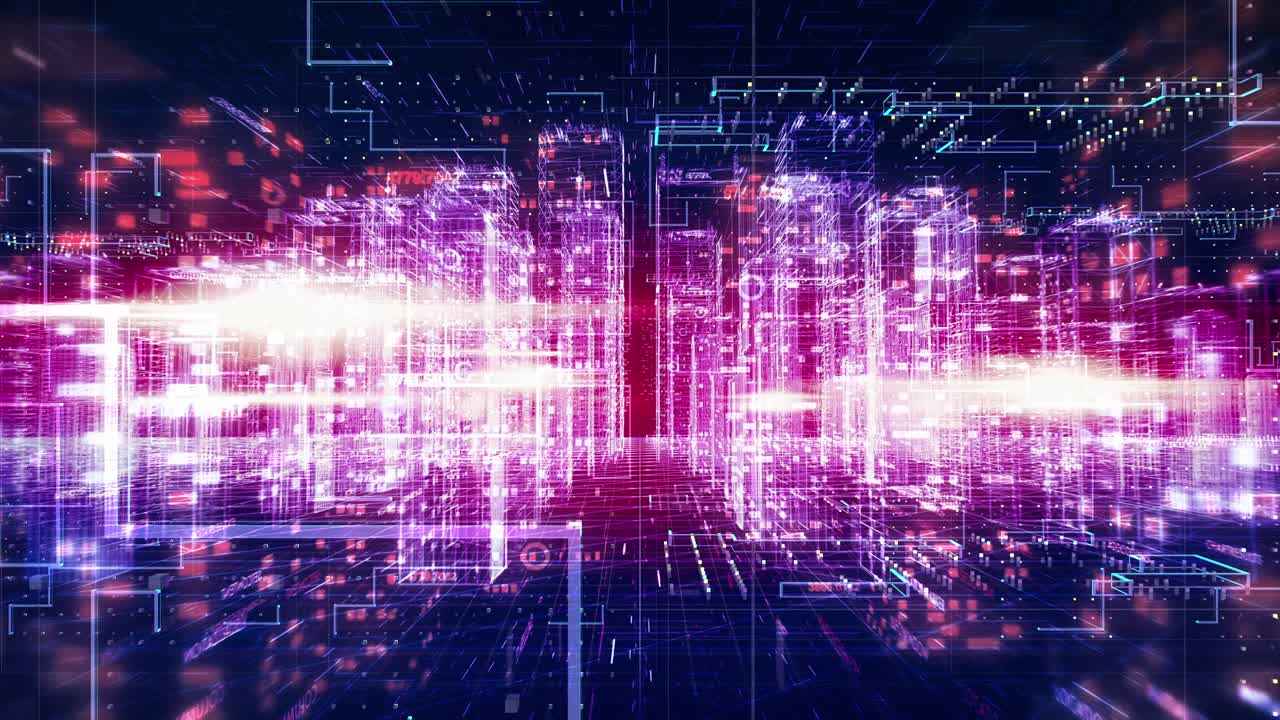 volando futurista ciudad de alta tecnología con circuitos. códigos de computadora y chips. bucle.