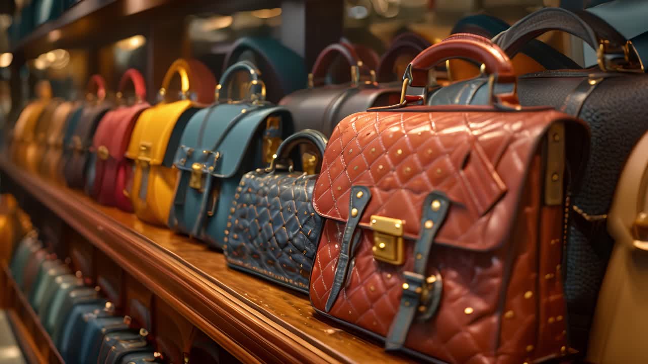 A vibrant display of luxury handbags on a retail shelf