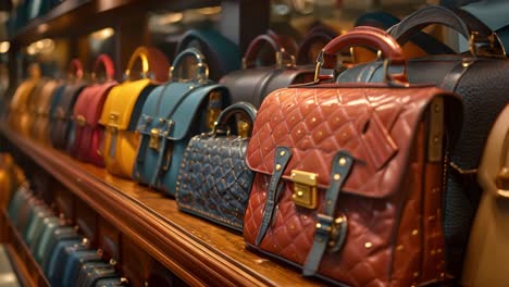 a vibrant display of luxury handbags on a retail shelf