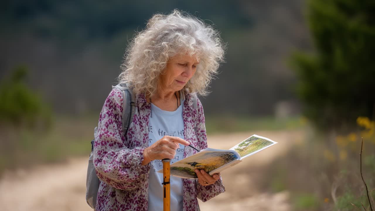 A thoughtful moment in nature as a woman examines a guidebook while enjoying the serene beauty of a winding dirt path surrounded by lush green landscapes