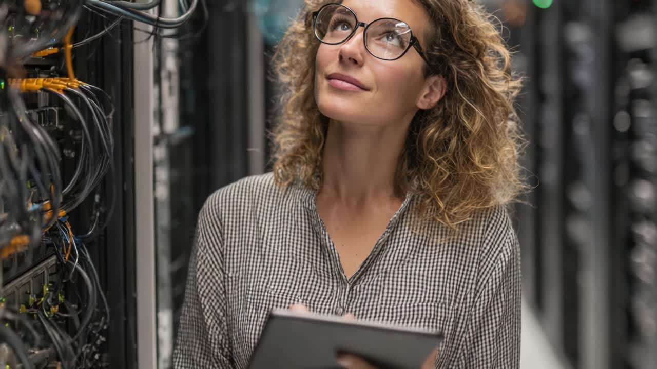 Un tecnico in una sala server analizza dati su un tablet, circondato da cavi di rete, evidenziando l'incontro tra tecnologia e competenza nella gestione moderna dei dati