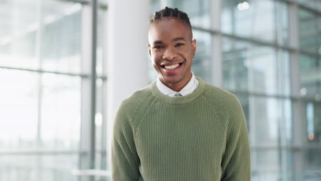 black man, face and smile in modern office