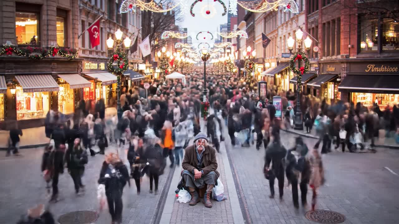 A busy urban street filled with holiday shoppers in winter attire showcases lights and decorations. A man sits calmly amidst the crowd, observing the lively atmosphere around him.